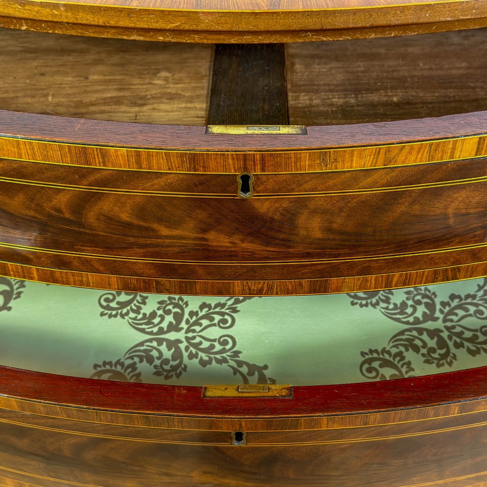 An antique mahogany serpentine chest featuring five graduated drawers with brass swan-neck handles and crossbanded inlay. View III