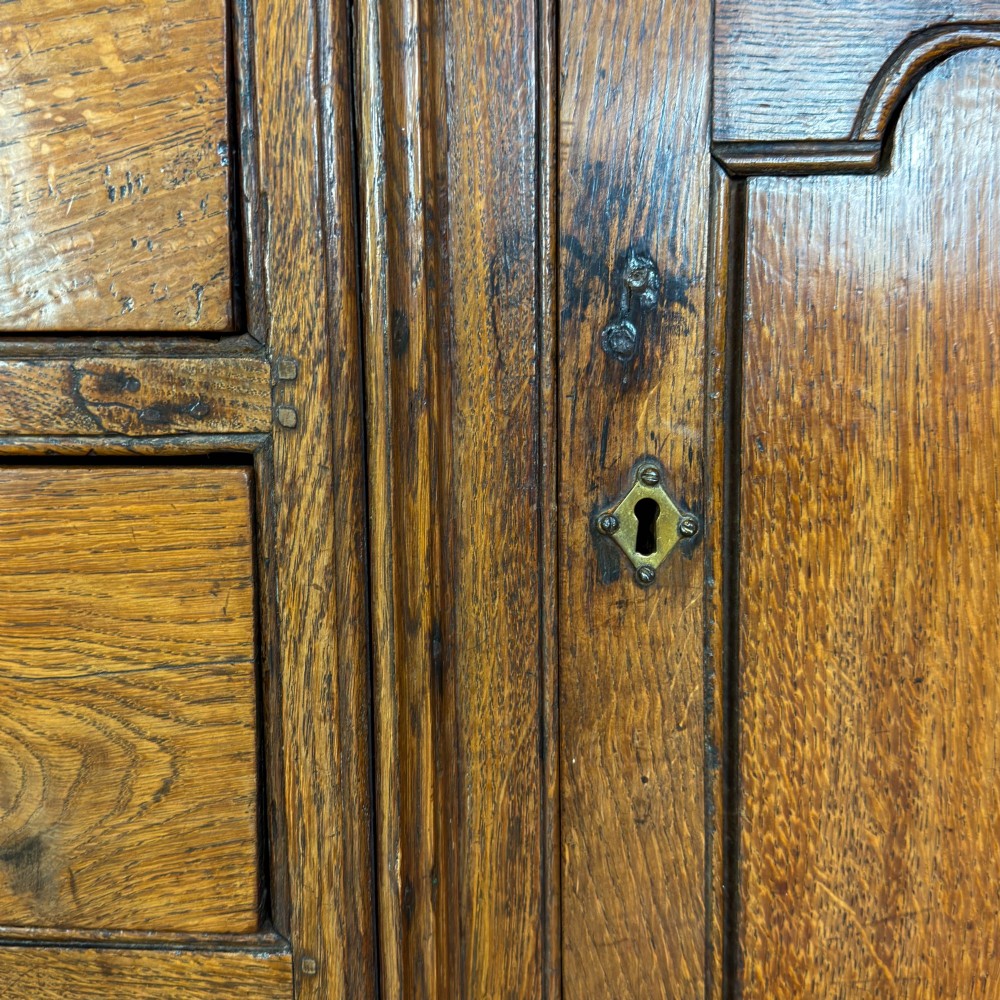 An antique Georgian oak dresser base with multiple drawers, fielded panel cupboard doors, and brass swan-neck handles on a bracket feet base. View IV
