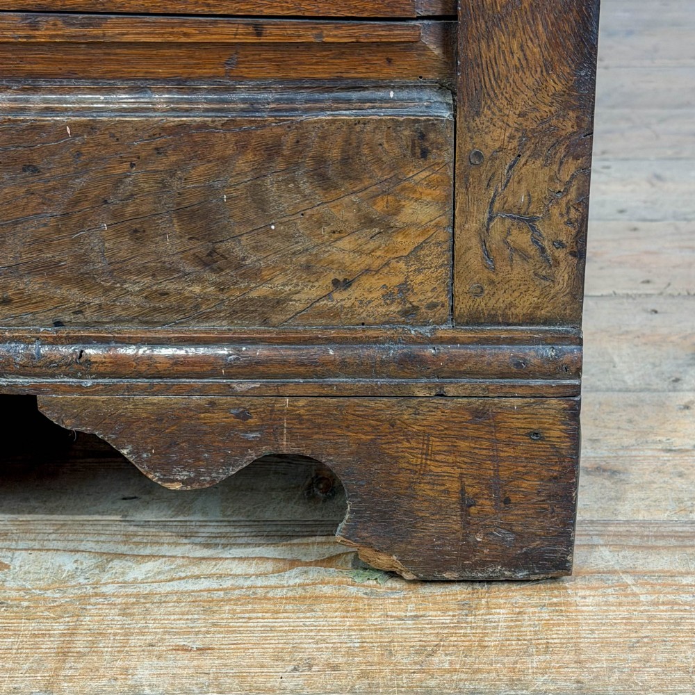 An antique Georgian oak dresser base with multiple drawers, fielded panel cupboard doors, and brass swan-neck handles on a bracket feet base. View IX