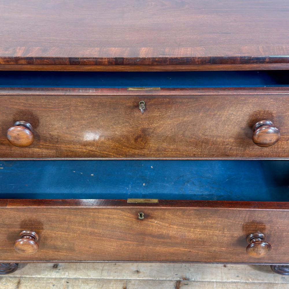 A William IV dark mahogany chest of drawers featuring three long drawers with turned knobs, brass escutcheons, and carved scroll feet. View IX