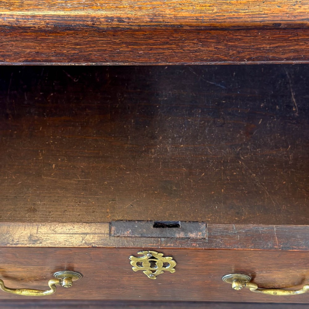 An early nineteenth-century dark oak dresser base featuring multiple drawers with brass handles, twin panelled cupboard doors, and a solid wood plinth base. View XI
