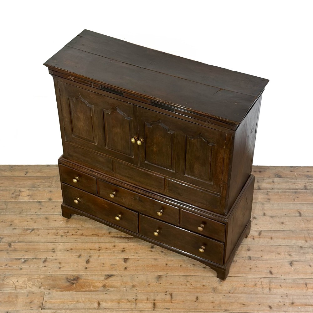 An 18th-century Welsh dark oak Carmarthenshire coffer featuring upper cupboard doors with pointed arch fielded panels above multiple drawers fitted with brass knobs. View III