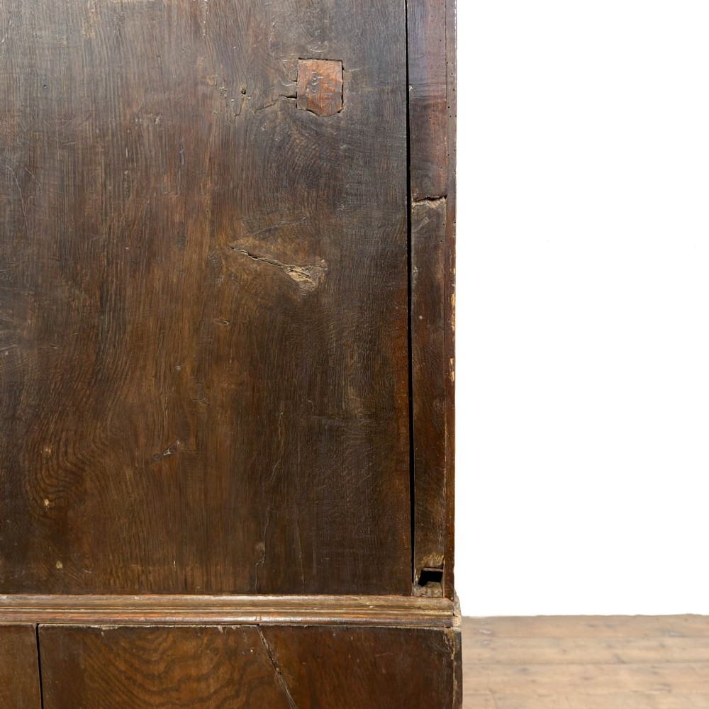 An 18th-century Welsh dark oak Carmarthenshire coffer featuring upper cupboard doors with pointed arch fielded panels above multiple drawers fitted with brass knobs. View V