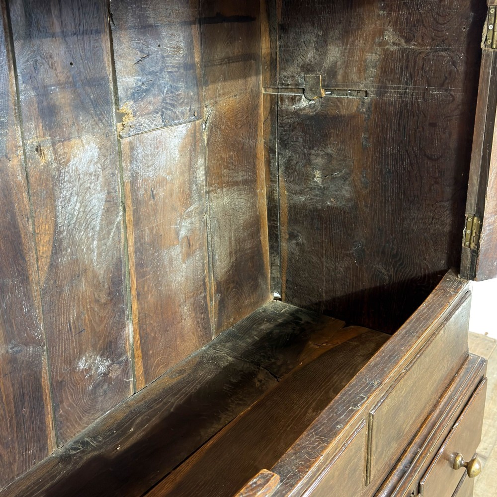 An 18th-century Welsh dark oak Carmarthenshire coffer featuring upper cupboard doors with pointed arch fielded panels above multiple drawers fitted with brass knobs. View VIII