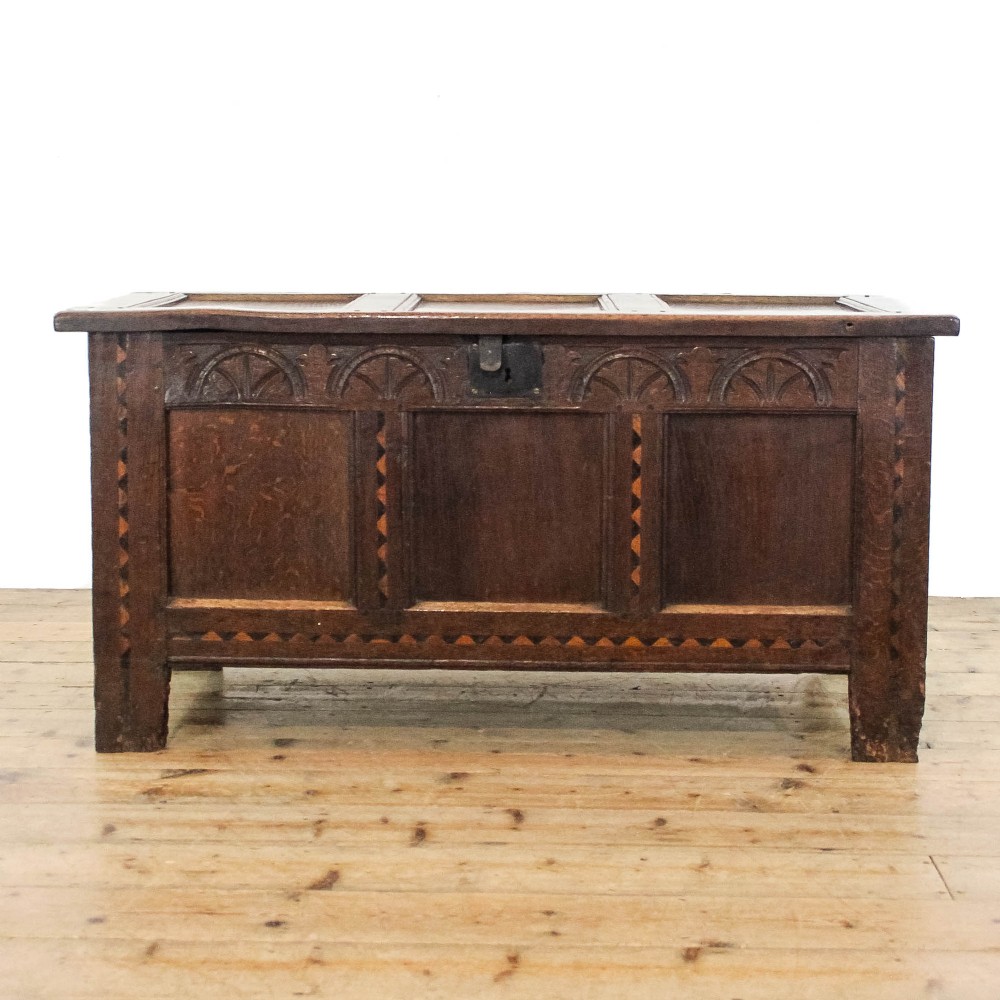 Antique Carved and Inlaid Oak Coffer