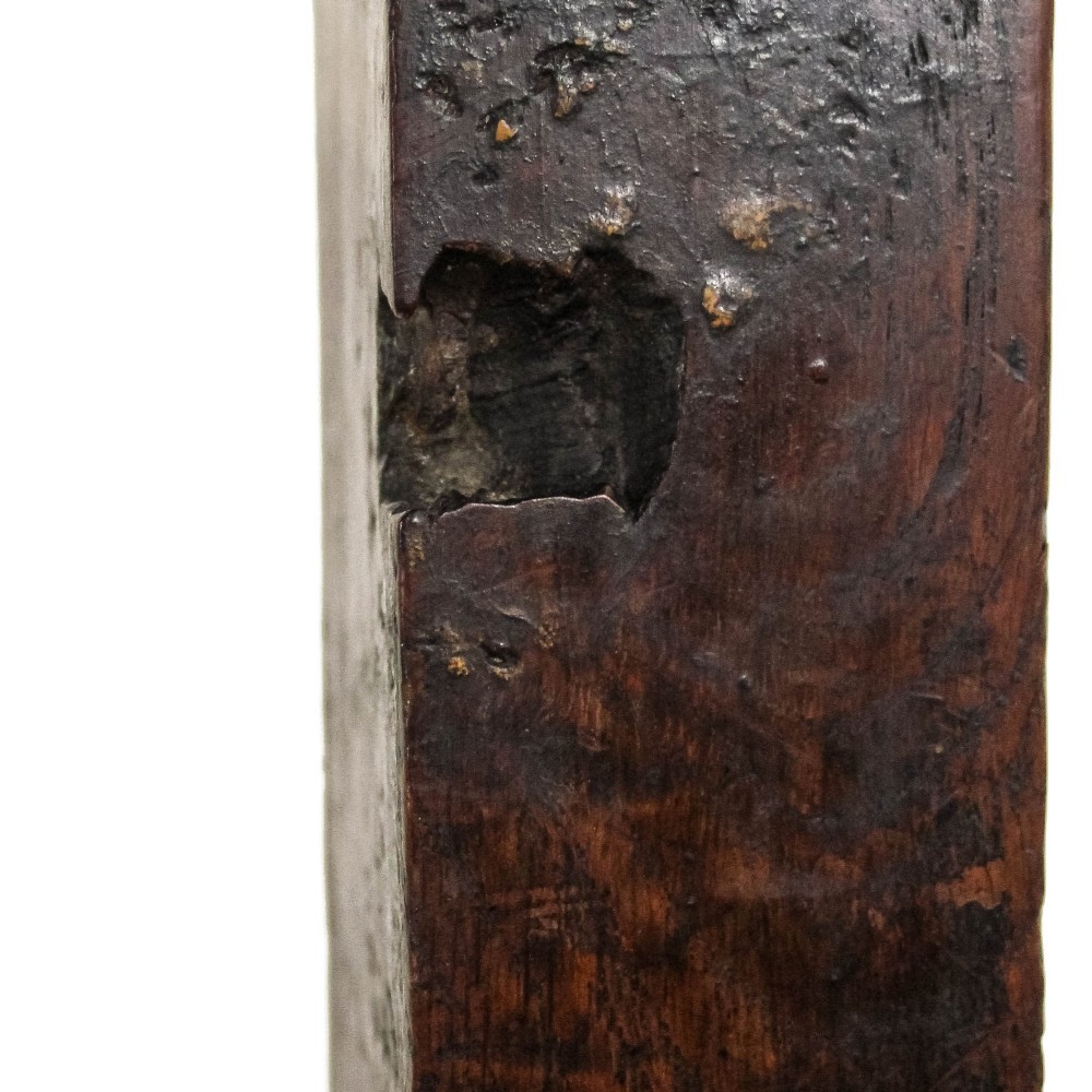 An antique dark oak kitchen table featuring a rectangular top, an end drawer with a brass knob, straight legs, and a low H-stretcher base. View XI