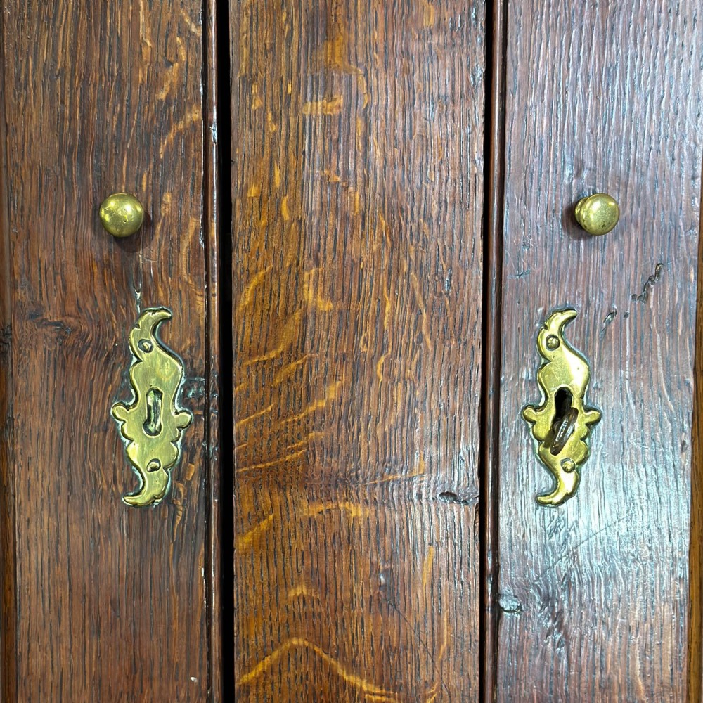 An eighteenth-century dark oak livery cupboard featuring double arched fielded panel doors over a lower drawer base with brass handles. View VII
