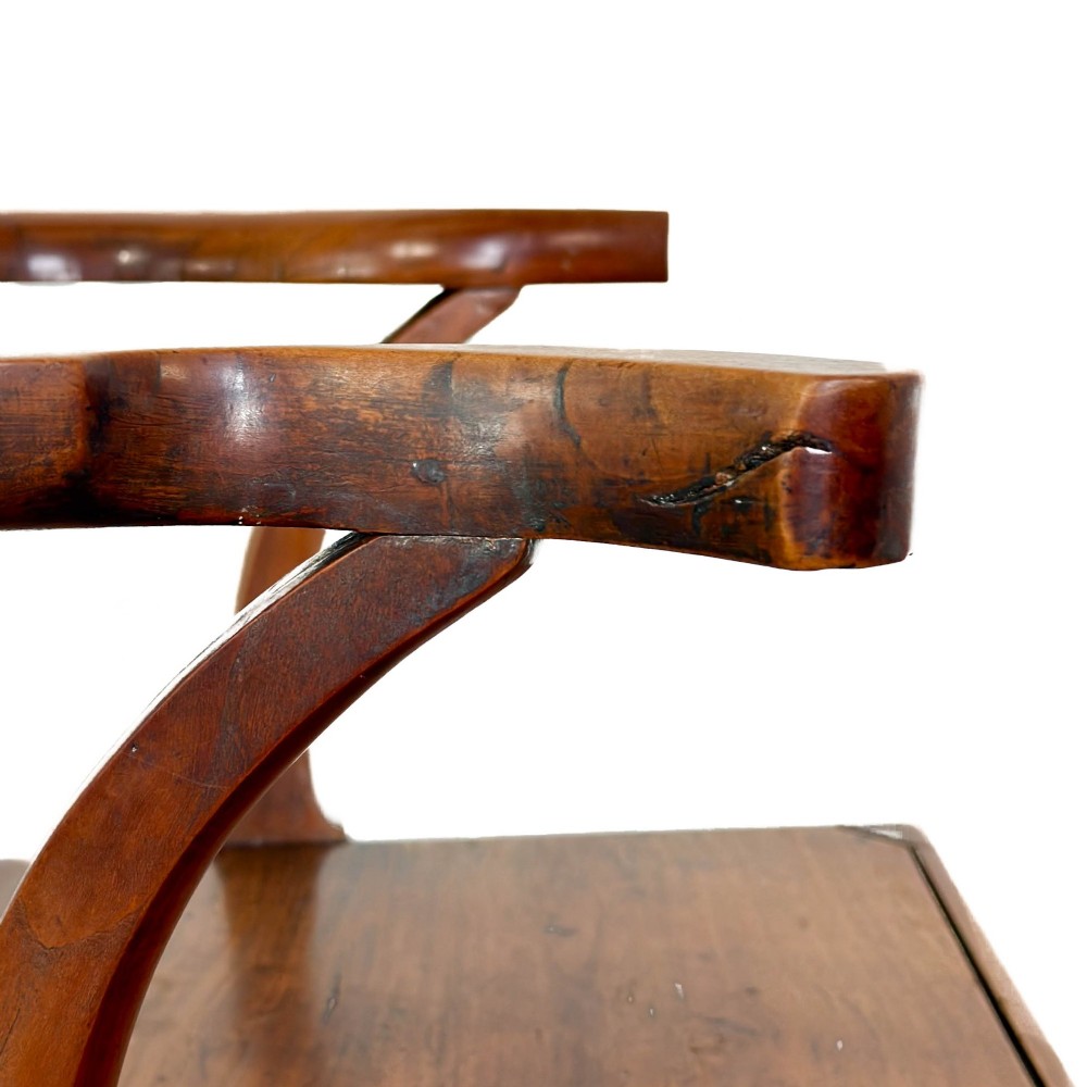 An antique fruitwood armchair in the Chippendale style featuring a pierced back splat, shaped armrests, a solid wood seat, and square legs with stretchers. View VIII