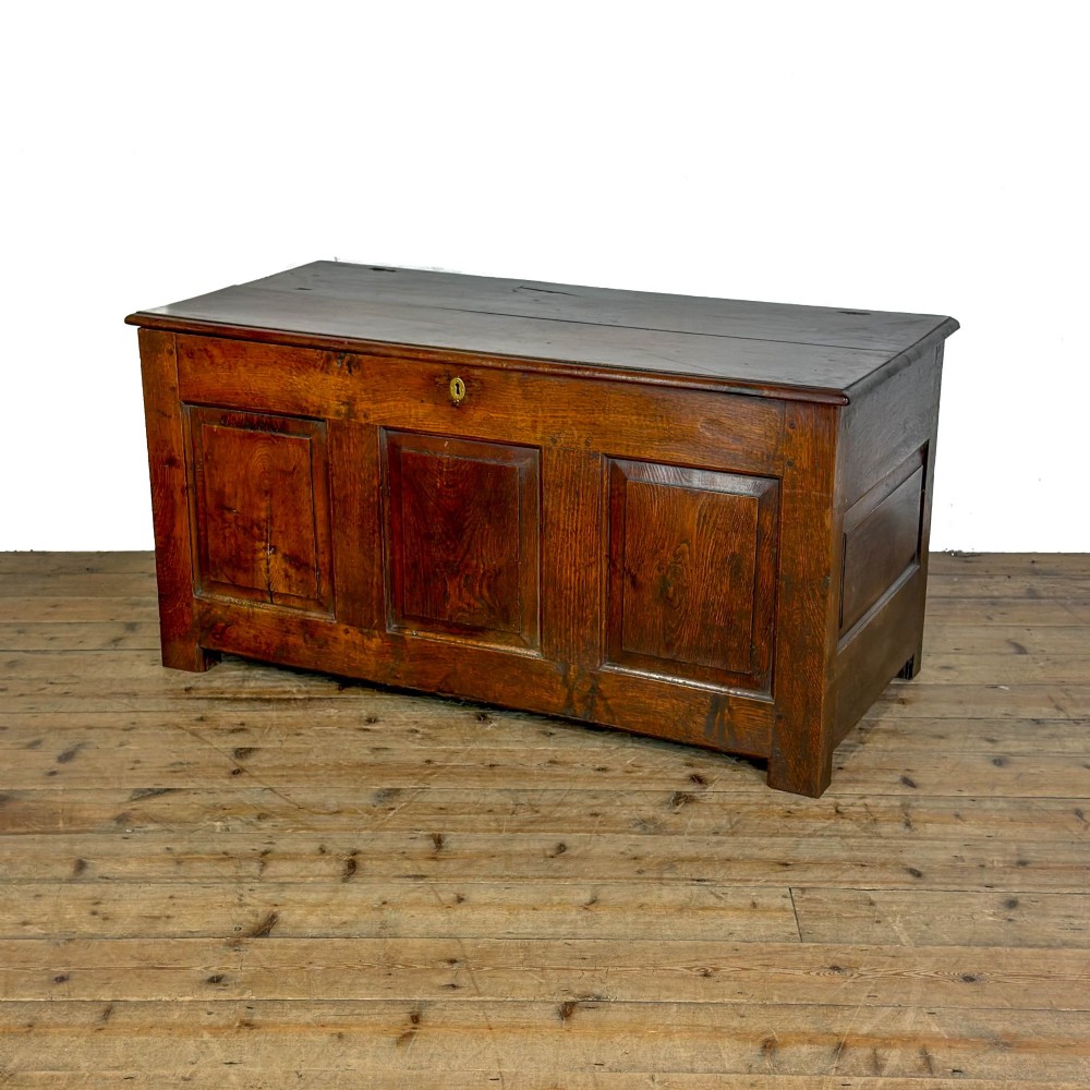 A 19th-century warm brown oak coffer featuring three fielded front panels, a brass keyhole escutcheon, and a flat hinged top lid. View II
