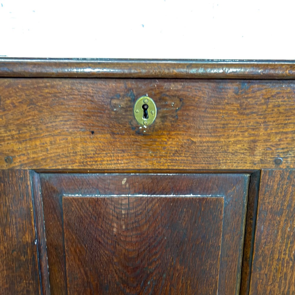 A 19th-century warm brown oak coffer featuring three fielded front panels, a brass keyhole escutcheon, and a flat hinged top lid. View VI