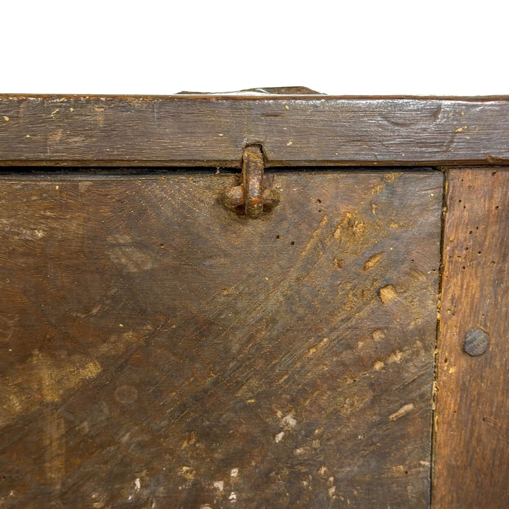 A 19th-century warm brown oak coffer featuring three fielded front panels, a brass keyhole escutcheon, and a flat hinged top lid. View X