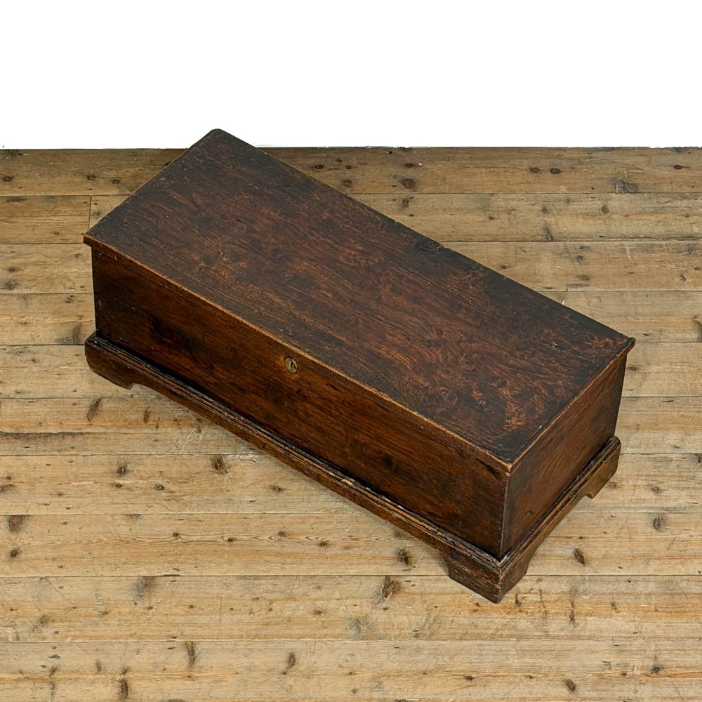 A rectangular George III dark elm blanket chest with a hinged lid, brass escutcheon, and bracket feet. View II