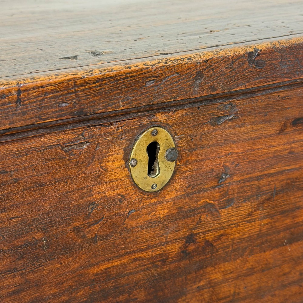 A rectangular George III dark elm blanket chest with a hinged lid, brass escutcheon, and bracket feet. View X