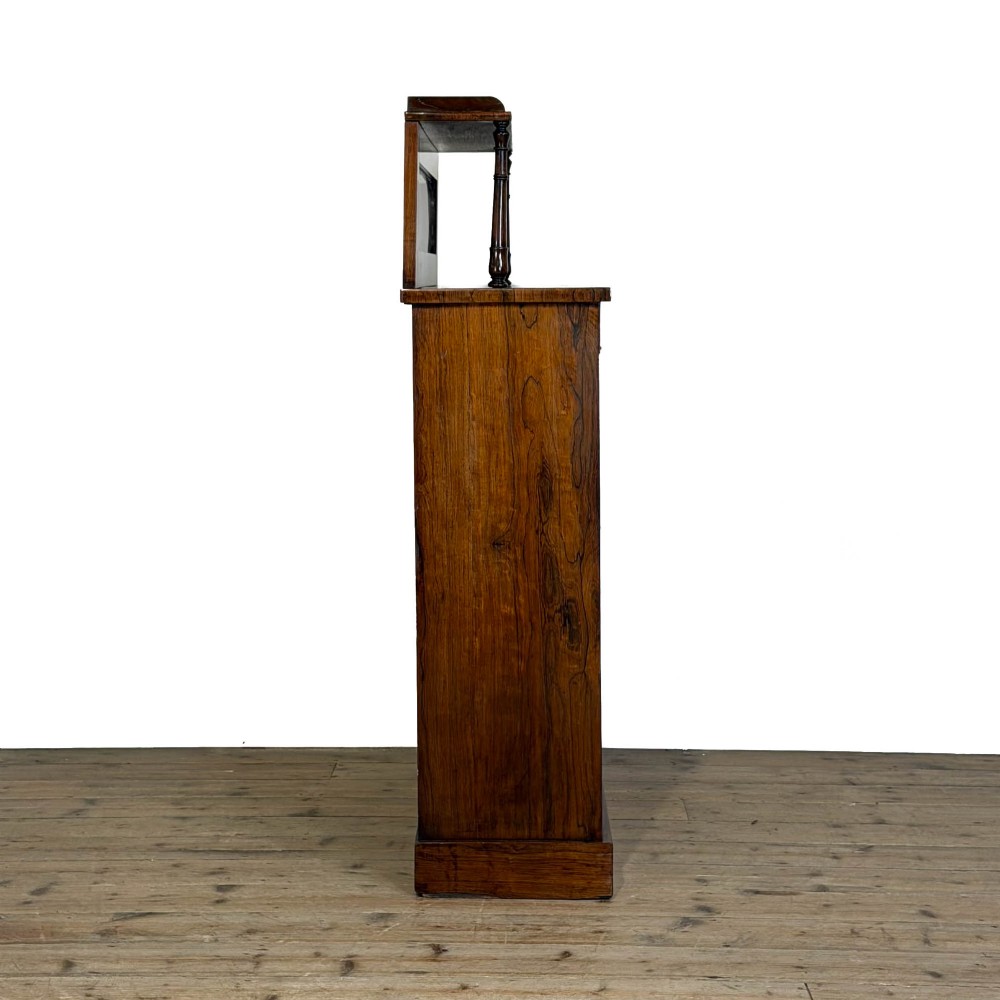 An antique rosewood open bookcase featuring a raised back gallery flanked by turned columns, with three open shelves and a beaded trim. View VIII