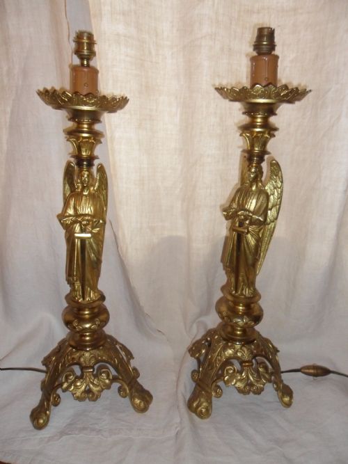 Pair Angel Brass Victorian Lamps