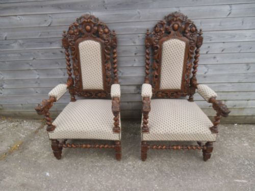 Pair of Carved Oak Barley Twist Arm Chairs