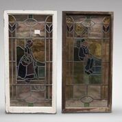 Stunning Pair of Leaded Glass Painted Dutch Boy and Girl Windows