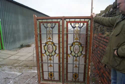 Large Victorian Leaded and Painted Glass Double Window
