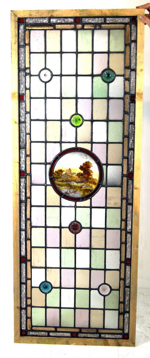 A Great Pair of Painted Victorian Leaded Glass Scenic Windows