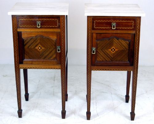 An Inlaid Mahogany Pair of French Marble Top Bedside Cabinets