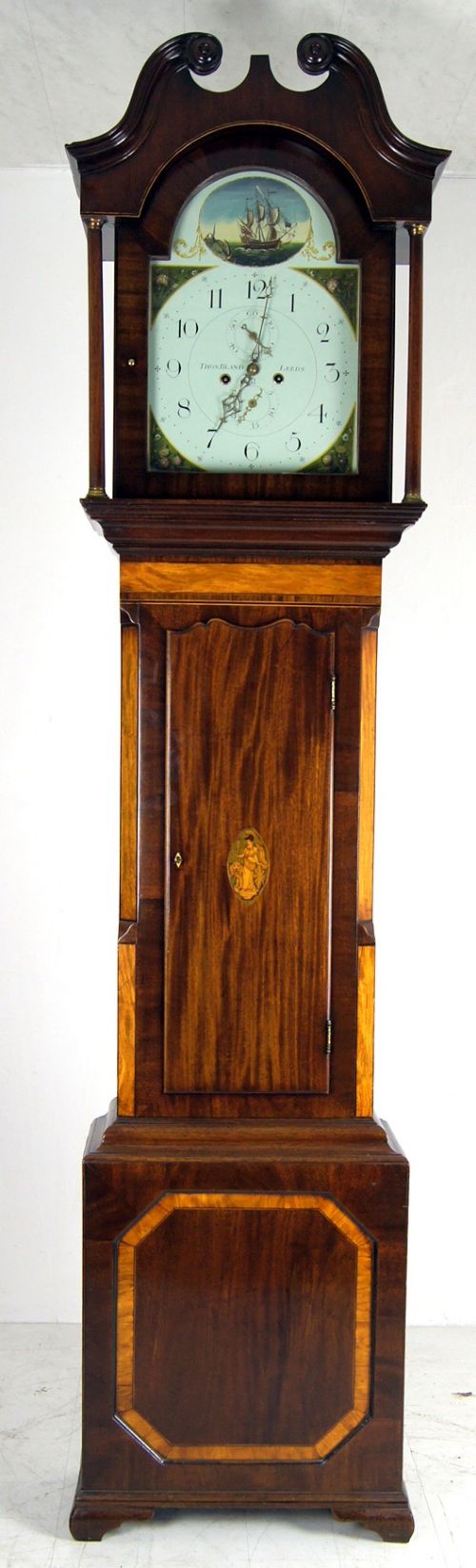 A Good Inlaid Mahogany 8 Day Arched Painted Grandfather Clock