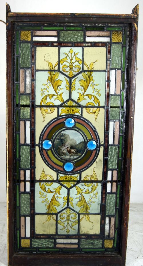 Superb Leaded Glass Window with Multicoloured Borders and Painted Scene