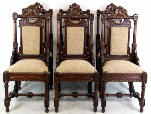 Set of 6 Country House Carved Oak Chairs