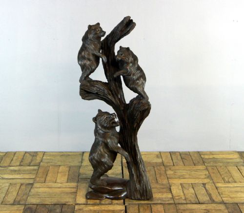 A Very Rare Blackforrest Carving of 3 Bear Cubs on a Tree Branch