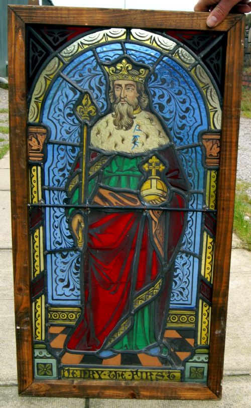 Rare Victorian Stained Leaded Glass Depicting Henry the First King of England