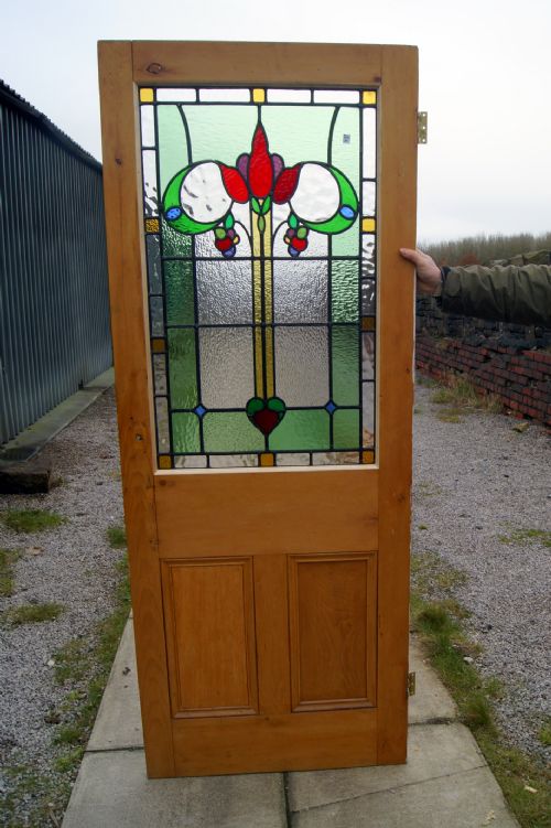 A Great Antique Leaded Glass Stripped Pine Internal Door