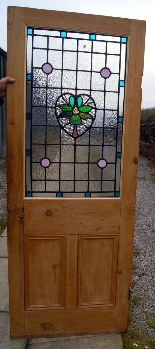 A Lovely Antique Leaded Glass Stripped Pine Internal Door
