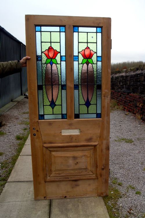 A Stunning Antique Stripped Pine Leaded Glass Front Door