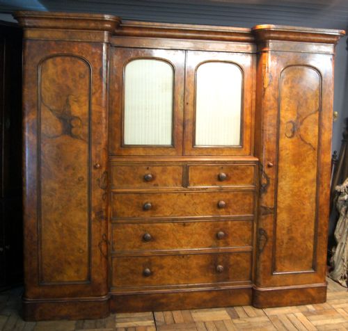 A Victorian Breakfront Compactum Wardrobe in Burr and Fine Figured Walnut