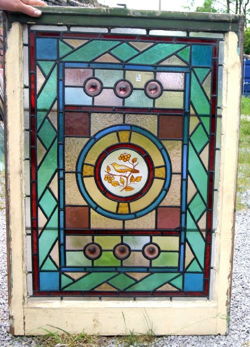 A Very Good Large Late Victorian Leaded Glass Painted Bird Window