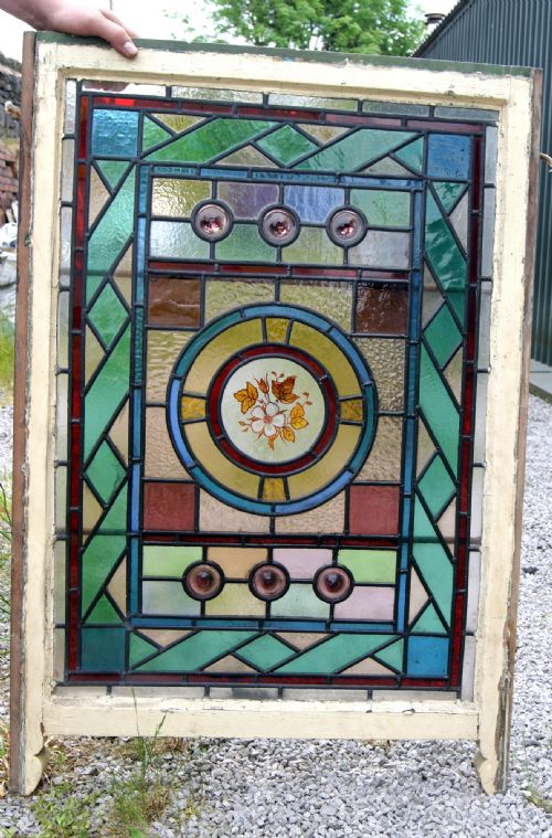 A Very Good Large Leaded and Painted Flower Window