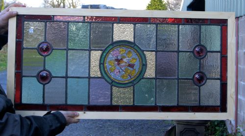 A Large Horizontal Victorian Painted Stained Glass Bird Window