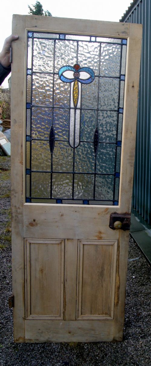 A Great Stripped Pine Stained Glass Internal Door