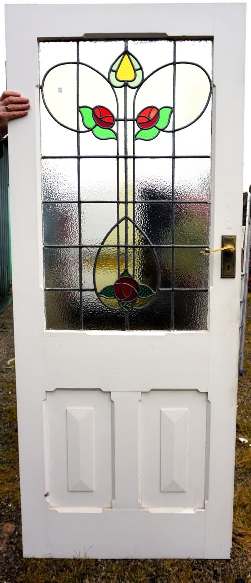 A Very Good Leaded Glass Door with Rose Design