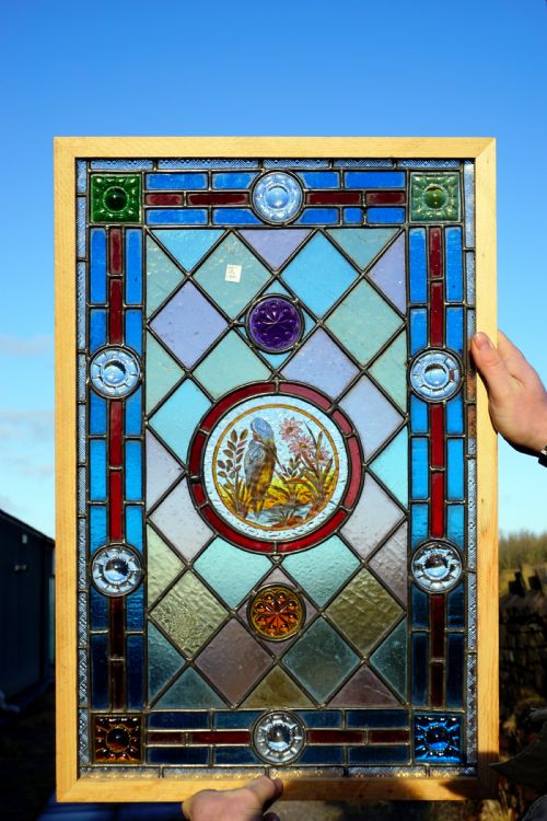 A Fantastic Painted Leaded Glass Bird Window