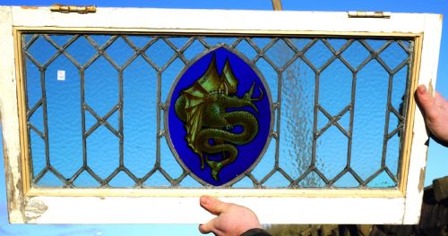 A Very Good Painted and Leaded Glass Window of a Dragon/winged Serpent
