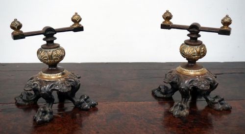 A Superb Pair of Early Victorian Bronze and Cast Iron Andirons
