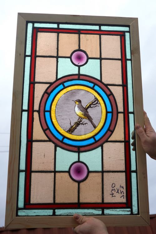 A Good Stained Glass Window with Painted Bird to the Centre