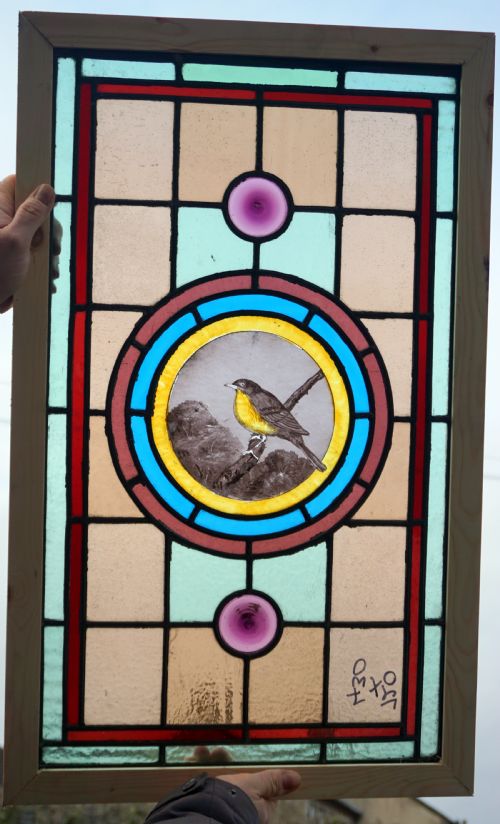 A Wonderful Stained Glass Painted Bird Window