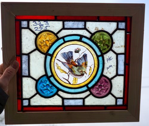 A Great Stained Glass Painted Window with Painted Bird Centre