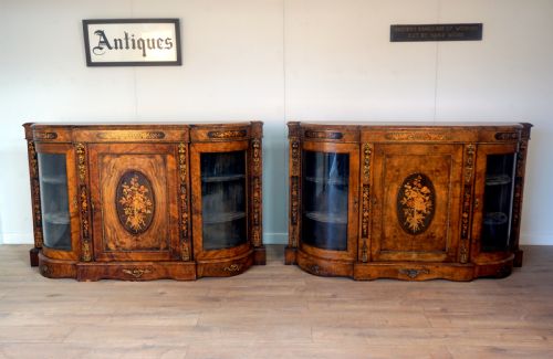 An Outstanding Matching Pair of Victorian Burr Walnut Ormolu and Marquetry Credenzas