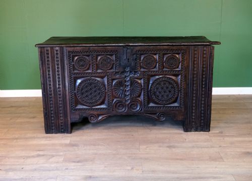 A Monumental Chip Carved Early English Oak Coffer