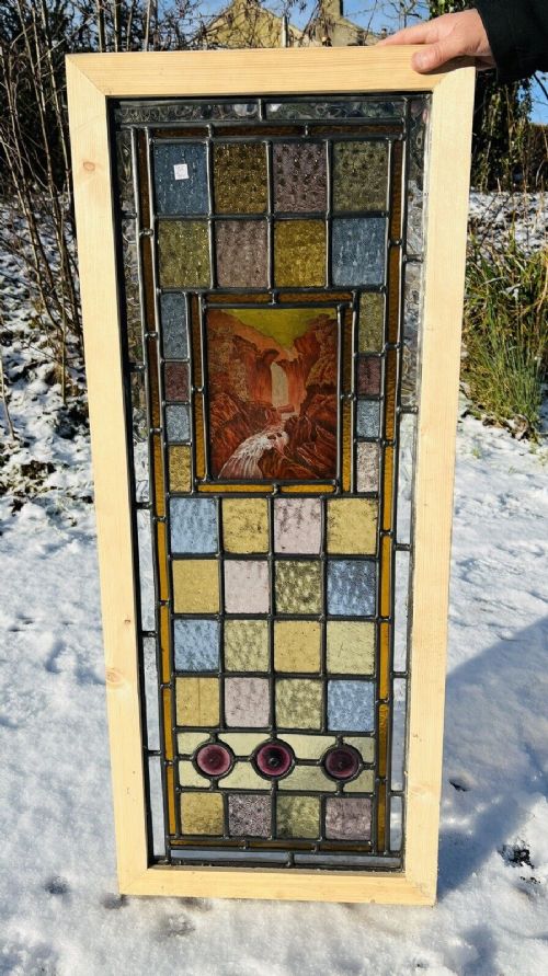 Antique Leaded and Painted Window Waterfall Scene