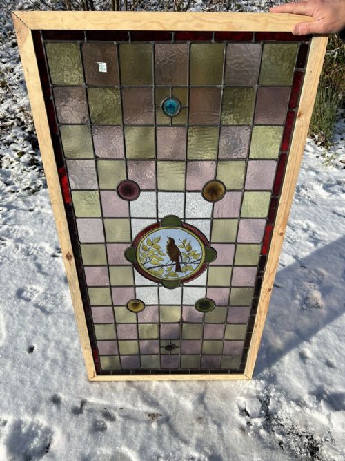 Antique Leaded and Painted Glass Bird Window