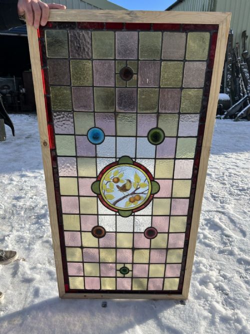 Antique Leaded and Painted Glass Window Bird on a Branch