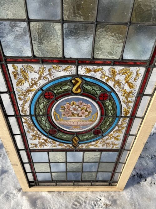 Antique Leaded And Painted Window Flowers